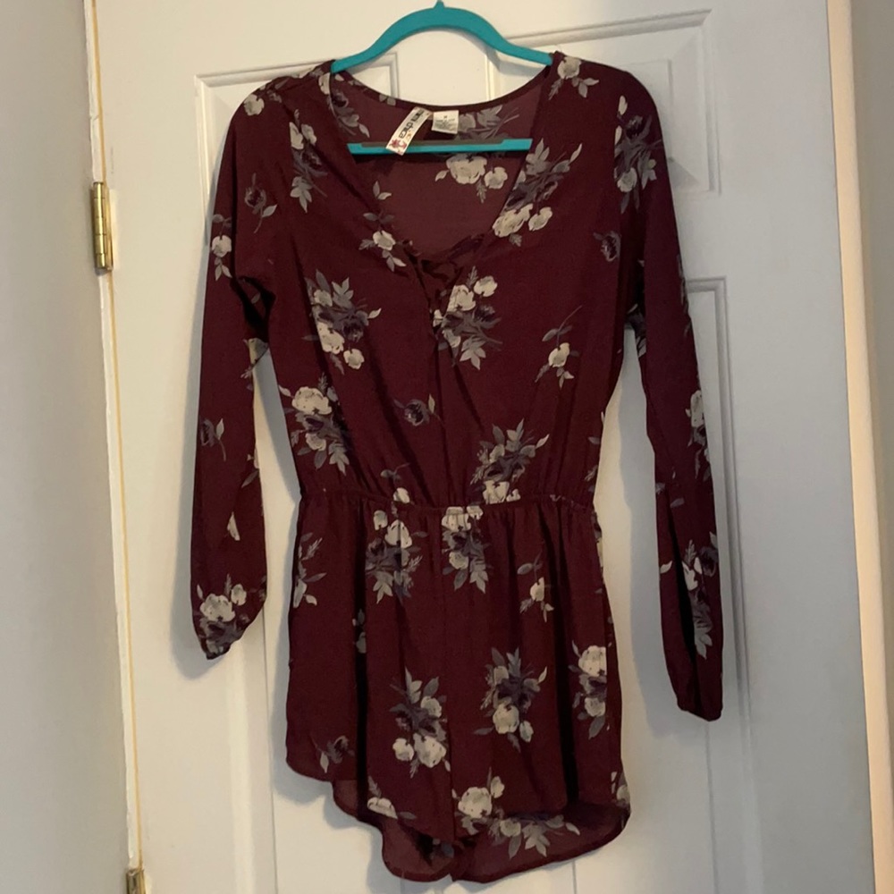 mimi chica long sleeve maroon floral romper